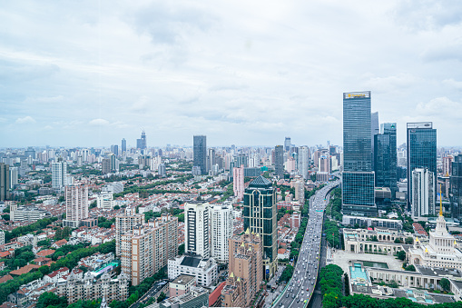 Shanghai, China - October 27th 2022: Aerial view of Shanghai financial buildings and Residential district in the day