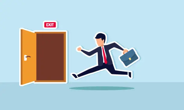 Vector illustration of Leave routine job for business success or escape work rut, concept of Businessman in suit rushes to emergency exit