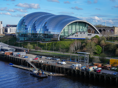 18th March 2024: View from the Tyne Bridge of The Glasshouse International Centre for Music on Newcastle Gateshead Quayside. Previously known as the Sage Gateshead, the iconic concert hall is situated beside the River Tyne in Gateshead, between the Tyne Bridge and Millennium Swing Bridge.