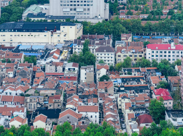 Shanghai, China - October 27th 2022: Aerial view of Shanghai financial buildings and Residential district in the day