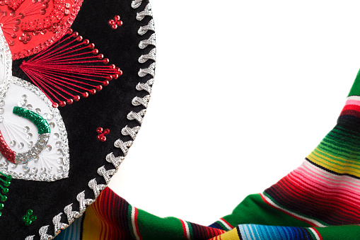 Mariachi hat and colorful serape with copy space. Cinco de mayo background.