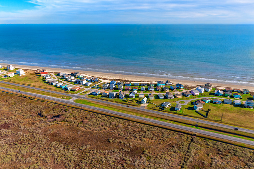 A beachfront subdivision located on Galveston Island, Texas along the Gulf of Mexico shot via helicopter from an altitude of about 600 feet.