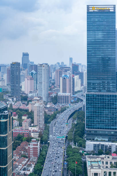 Shanghai, China - October 27th 2022: Aerial view of Shanghai financial buildings and Residential district in the day