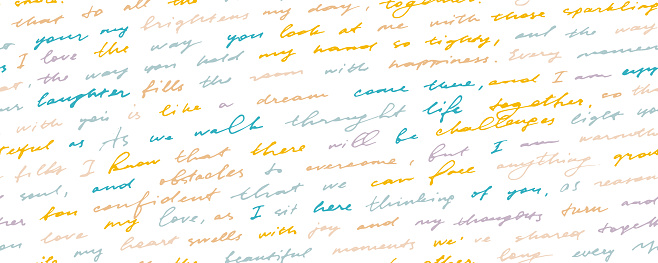 Illegible retro pen writing with uneven letters seamless banner design. Colored vector unreadable handwriting seamless pattern. Doodle unreadable text. Notebook vintage page, vector illegible script.
