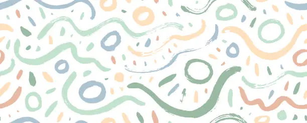 Vector illustration of Pastel colored seamless pattern with brush drawn wavy lines, squiggles, doodle circles and short strokes.