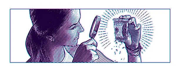 Vector illustration of Woman examining money roll with magnifying glass and Glitch Technique