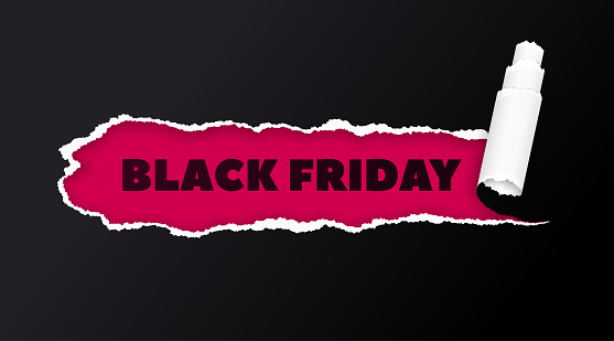 Phrase Black Friday on pink paper view through torn cover realistic vector illustration. Big sale promotion 3d object on black background