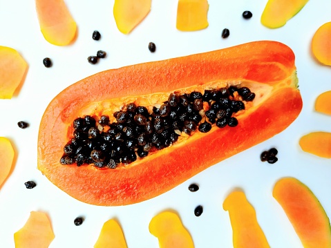 Peeling and Cutting Papaya Fruit - white background.