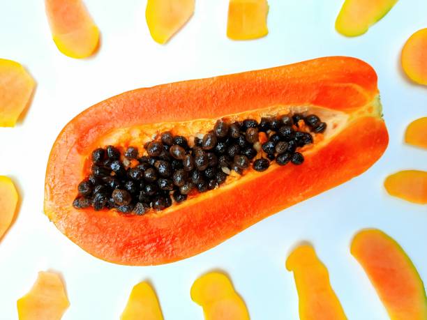 Peeling and Cutting Papaya Fruit - white background.