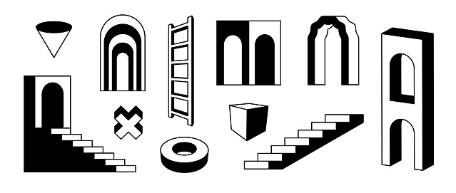 Outline stairs and arcs set. Black and white surreal geometric element collection. 3d perspective arch door, ladder, staircase, gate bundle. Retro shapes for collage, poster, banner. Vector art pack