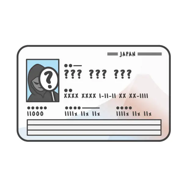 Vector illustration of Illustration of Japan's new My Number card that has been misused and forged (risk of misuse of personal information and identity theft)