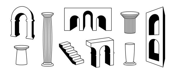 ラインアーチ、柱、階段のコレクション。シュールな幾何学的要素セットをアウトラインします。黒の太字の3dアークドア、柱、階段、ゲートバンドル。コラージュ、ポスター、バナー、ス� - column pedestal greek culture three dimensional shape点のイラスト素材／クリップアート素材／マンガ素材／アイコン素材