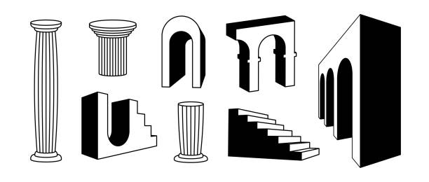 アーチ、柱、階段のコレクションの輪郭を描きます。シュールなギリシャの廃墟要素セット。黒の太字の3dアークドア、柱、階段、ゲートバンドル。コラージュ、ポスター、バナー、ステッ� - column pedestal greek culture three dimensional shape点のイラスト素材／クリップアート素材／マンガ素材／アイコン素材