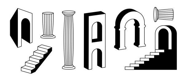 アーチ、柱、階段のコレクション。シュールなギリシャの廃墟要素セット。3dアンティークスタイルの円弧、ドア、柱、階段、ゲートバンドルトリッピーシェイプパックは、コラージュ、ポ� - column pedestal greek culture three dimensional shape点のイラスト素材／クリップアート素材／マンガ素材／アイコン素材