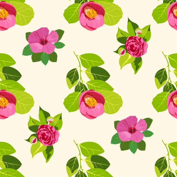 Vector illustration of Camellia japonica and hibiscus. Seamless floral pattern of bright large flowers on a peach background. Vector illustration