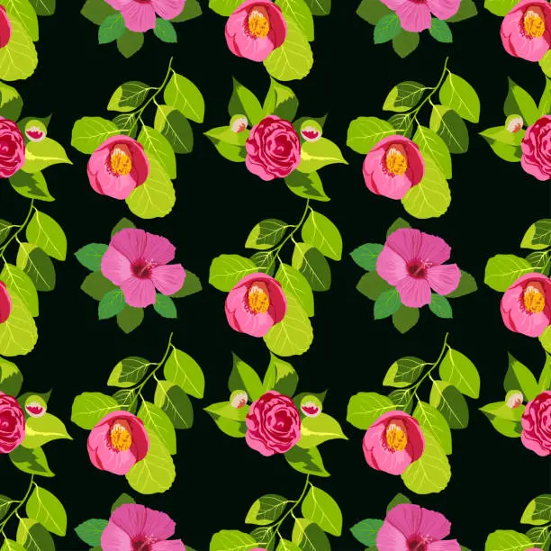 Vector illustration of Camellia japonica and hibiscus. Seamless floral pattern with bright large flowers on a dark background