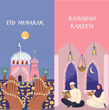 Ramadan Karim, Eid Mubarak, Islamic holiday vector illustration, vertical banner, Arabic architectural maps, hands with rosary, architecture, man and woman reading koran.