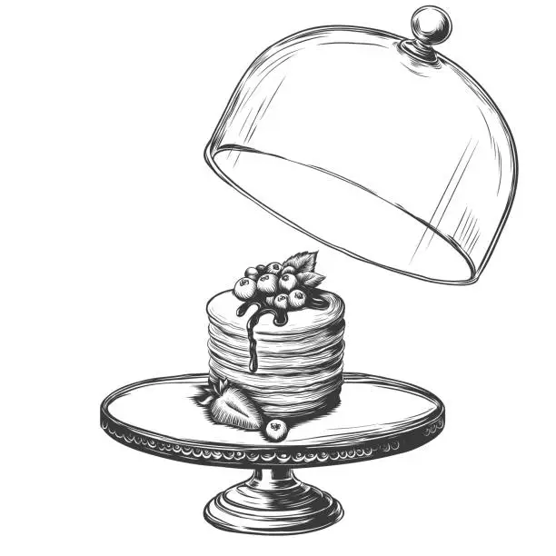 Vector illustration of Hand drawn pancakes with strawberries, blueberry and syrup. Stack of pancakes on cake stand under glass lid in an old style ink. Vector illustration of Pancakes on cloche