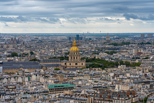 View of roofs of the French capital and building of the Invalides museum seen from the Eiffel Tower. Paris. France. August 5, 2023.