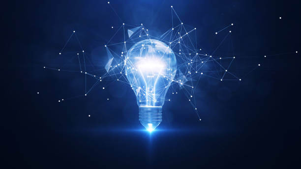 electric light bulb bright polygonal connections on a dark blue background. technology concept innovation artificial intelligence brainstorming business success. - idée photos et images de collection