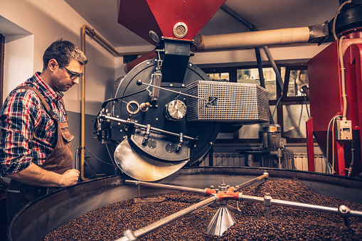 Coffee beans roasting process in small coffe factory