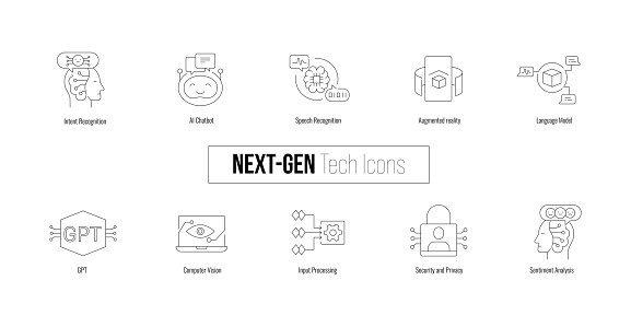 Next Gen Tech Icons. Illustrating Sentiment Analysis, Language Model, Security and Privacy, Input Processing, GPT, Intent Recognition, Augmented reality, Computer Vision and more. Minimal Line Icons.