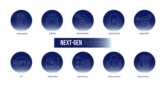 Next Gen Tech Icons. Illustrating Sentiment Analysis, Language Model, Security and Privacy, Input Processing, GPT, Intent Recognition, Augmented reality, Computer Vision, and more. Gradient Style Circular Icons.