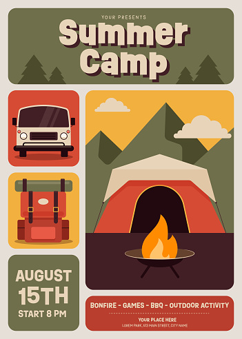 Summer camping poster template design with camping element flat design style. Design element can be used for background, backdrop, leaflet, flyer, print, vector illustration