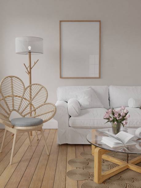 Frame mockup, interior frame, poster wood frame element and living room in empty picture interior vertical wooden floor There in illustration 3d rendering.