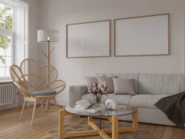 istock Frame mockup, interior frame, poster wood frame element and living room cozy in empty picture interior sofa and chairs wooden floor There in illustration 3d rendering. 2098109421