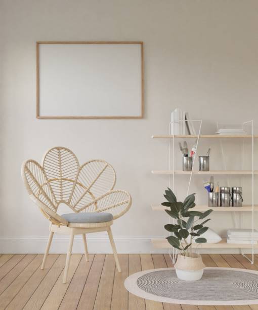 istock Mock up frame in farmhouse living room white home interior background, bright room element with minimal potted plants decor, illustration 3d rendering. 2098109424
