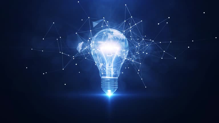 Electric light bulb bright polygonal connections on a dark blue background. Technology concept innovation artificial intelligence brainstorming business success.