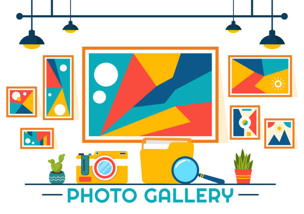 istock Photo Gallery Vector Illustration for Museum Visitors View Exhibition of Modern Abstract Paintings and Picture in Contemporary in Flat Background 2098114649