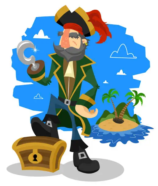 Vector illustration of Pirate with a treasure chest box