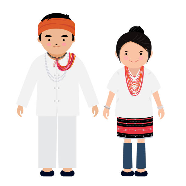 lue people Cute cartoon character lue tribe men and woman in traditional costume. thai traditional costume stock illustrations