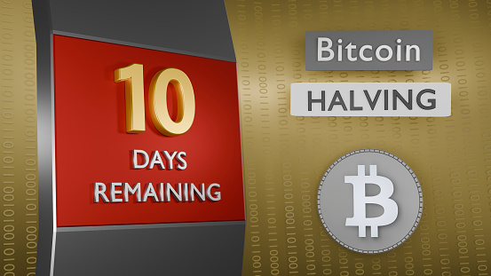 Reminder of Bitcoin Halving 10 days remaining concept. Binary numbers background. 3d Rendering