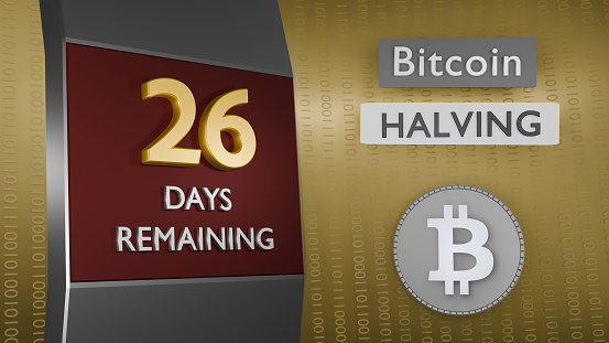 Reminder of Bitcoin Halving 26 days remaining concept. Binary numbers background. 3d Rendering