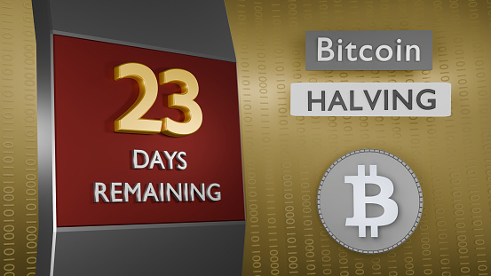 Reminder of Bitcoin Halving 23 days remaining concept. Binary numbers background. 3d Rendering