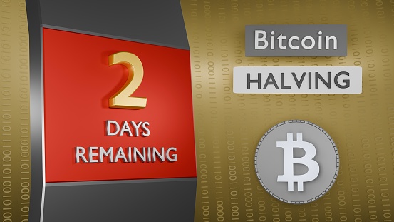 Reminder of Bitcoin Halving 2 days remaining concept. Binary numbers background. 3d Rendering