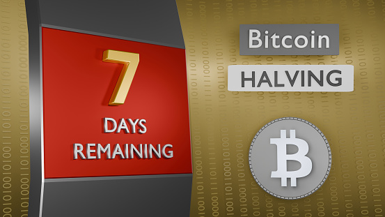 Reminder of Bitcoin Halving 7 days remaining concept. Binary numbers background. 3d Rendering