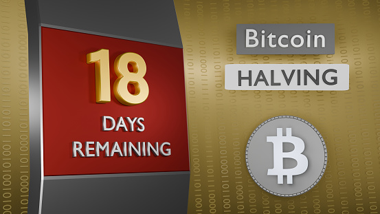 Reminder of Bitcoin Halving 18 days remaining concept. Binary numbers background. 3d Rendering