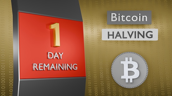 Reminder of Bitcoin Halving 1 day remaining concept. Binary numbers background. 3d Rendering