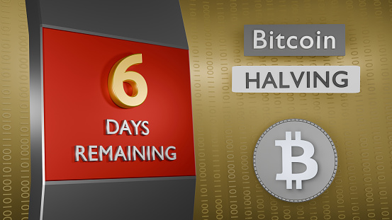 Reminder of Bitcoin Halving 6 days remaining concept. Binary numbers background. 3d Rendering