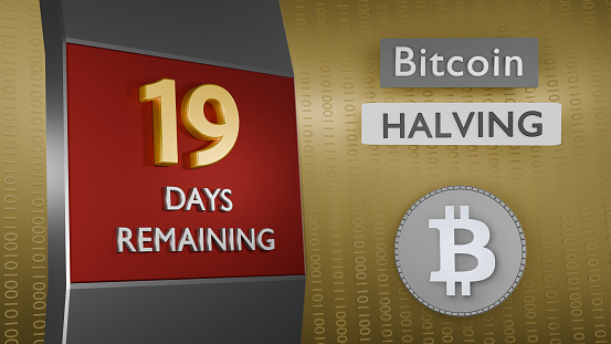Reminder of Bitcoin Halving 19 days remaining concept. Binary numbers background. 3d Rendering