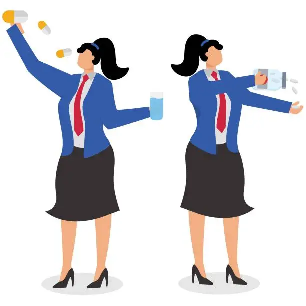 Vector illustration of Two Businesswoman taking capsule medicine and taking pills