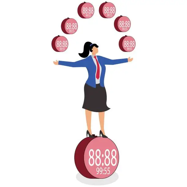 Vector illustration of Time Management, exhausted businesswoman juggling with big stopwatches