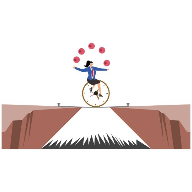 공을 저글링하고 밧줄에 시간 시계 타이어로 외발 자전거를 타는 사업가, 멀티 태스킹 및 시간 관리에 대한 개념 - unicycle cycling balance businessman stock illustrations