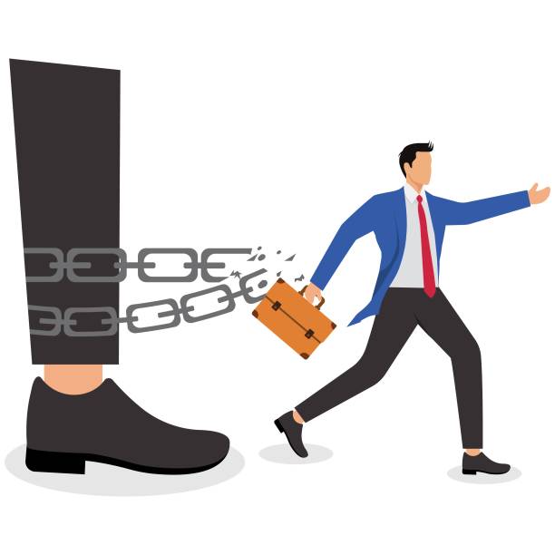 illustrazioni stock, clip art, cartoni animati e icone di tendenza di small businessman escaping from the big foot - imbalance bullying small large