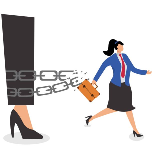 ilustrações de stock, clip art, desenhos animados e ícones de small businesswoman escaping from the big foot - imbalance bullying small large