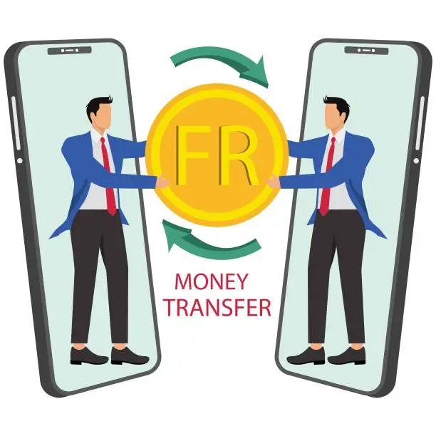 Vector illustration of Buy and sell and money transfer service, two businessman with smart phone and Franc sign coins